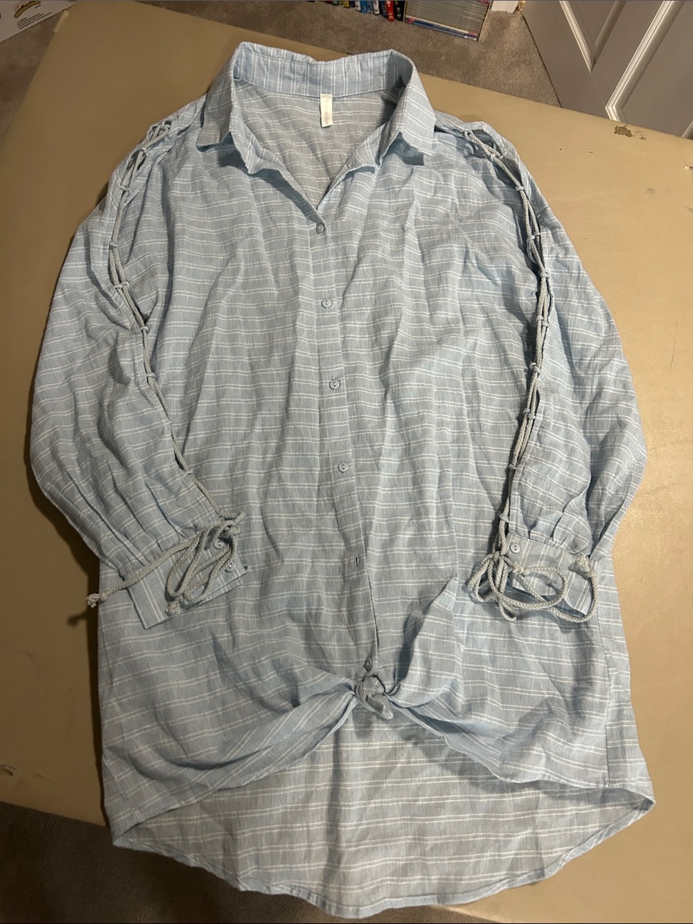 Womens Light Blue Striped Casual Button-Down tunic Shirt with Sleeve Tie Detail